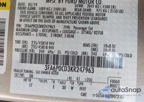 2019 Ford Fusion Sel из США, поврежденный, VIN 3FA6P0CD3KR247963